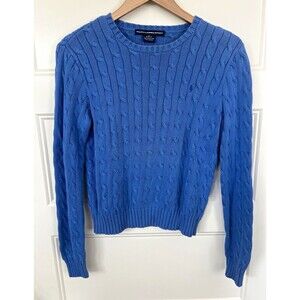 Vtg Ralph Lauren Sport Blue Cable Knit Crewneck Sweater Slim Fit Womens XS / S